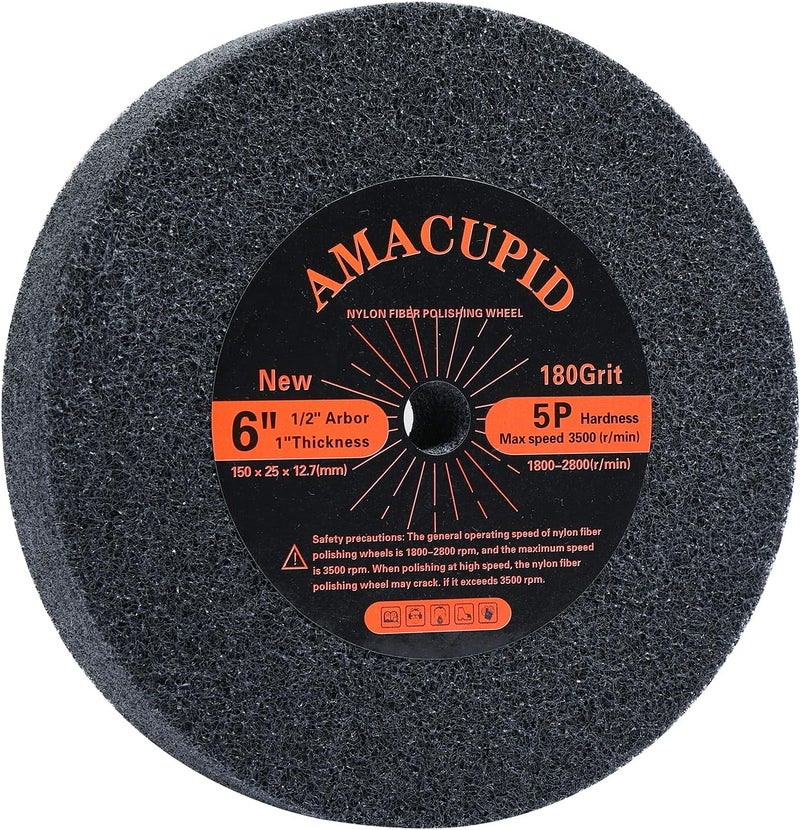 AmaCupid Nylon Fiber Brushed Buffing Wheels 6 Inch 5P Hardness. for Bench Grinder Buffing Machine Polishing Copper. 180 Grit, 1/2 inch Arbor, 1 inch Thickness - Image 1